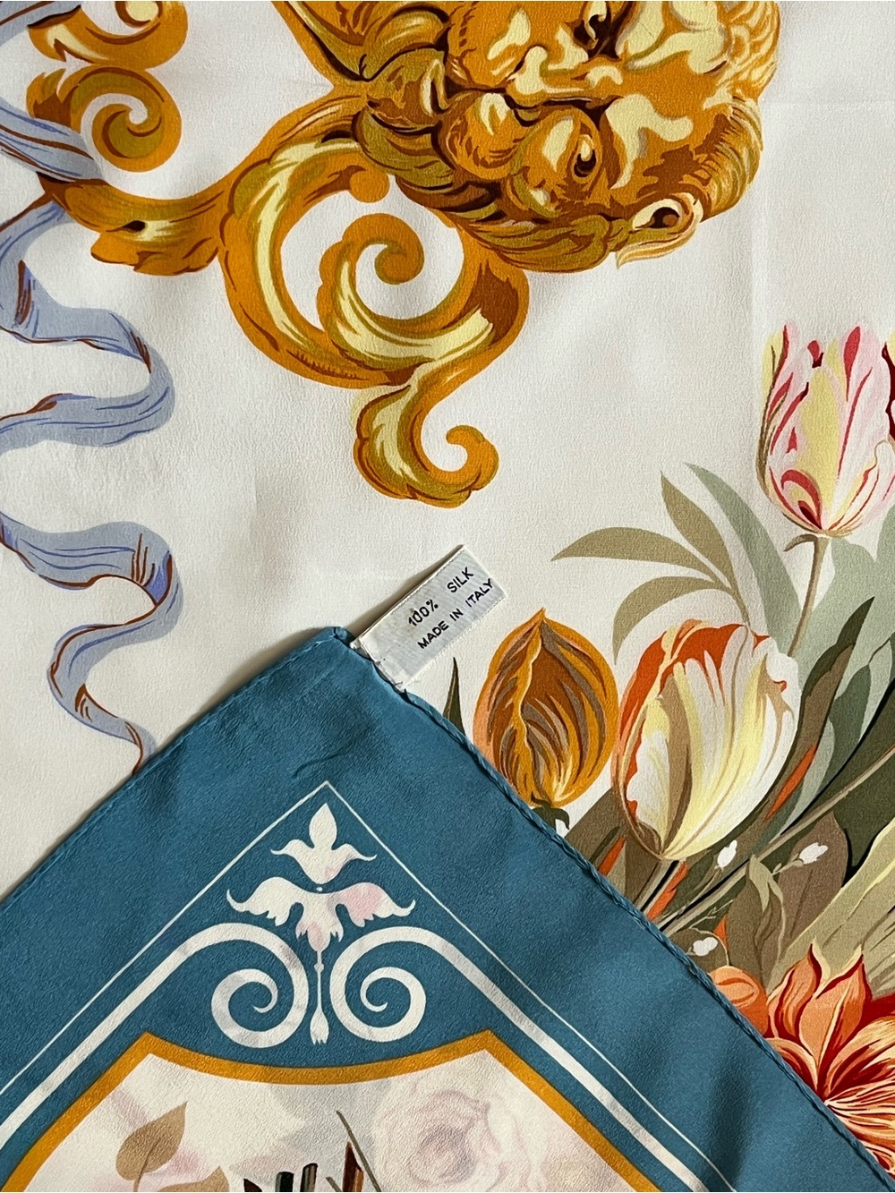 Vtg Metropolitan Museum of Art Silk Floral Medallion Cream Teal Boarded 48x44 - Picture 8 of 8